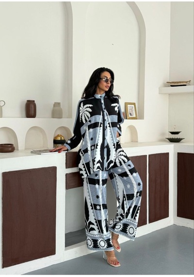 Wellway Atlas Kumaş Tunik Gömlek & Pantolon 2li Takım-mavi Çiçekli-2590 Lacivert