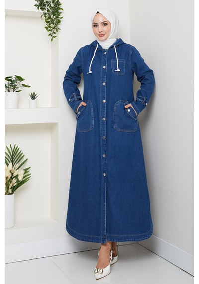 Hb Harma Time Butik Kadın Cepli Düğmeli Kapüşonlu Denim Koyu Mavi Trençkot