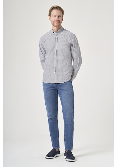 İmza Gri Düğmeli Yaka Uzun Kol Cepsiz Slim Fit Pamuklu Gömlek 1004260205 Beyaz - Siyah
