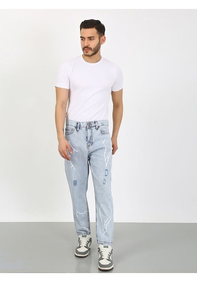 Boyfriend Lazerli Şimşek Desenli Buz Mavi Jean-buz Mavi - 36 Buz Mavi