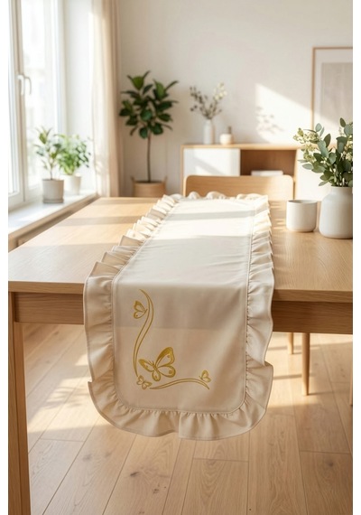 Nakış Detaylı Fırfırlı Masa Runner 40x120 Cm Şık Dekoratif Masa Ve Konsol Örtüsü Açık Krem