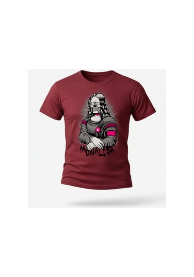 Urbantrendstore Monalisa Baskılı Günlük Oversize Pamuklu Bisikilet Ve Yuvarlak Yaka Tişört Tshirt Bordo