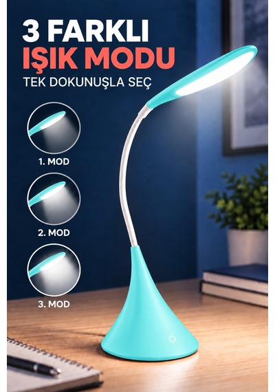Dokunmatik Led Masa Lambası Dimmerli Esnek Akrobatik Kitap Okuma Ders Çalışma Pilli & Usb Kablolu Kullanım Mavi