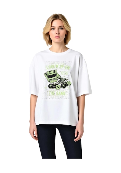 Paybuy Retro Oyun Nostaljisi Baskılı Kadın Oversize Tişört Beyaz