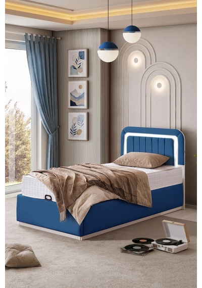 Demonte Baza Seti, Valens Ledli Tek Kişilik Baza Başlık Seti - İkili Set, Mavi - 100x200 Cm 100 x 200