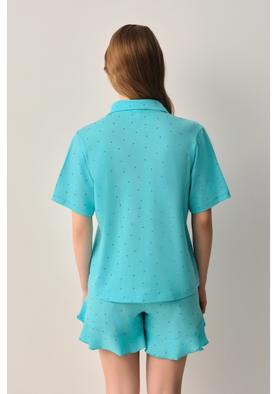 Suwen Lucky Pamuklu Gömlek Yaka Şort Pijama Takımı Sh26623667b335 Turkuaz Desenli