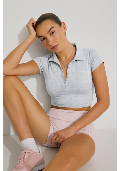 Grimelanj Polo Yaka Basic Kadın Tişört Mg2455 Gri Melanj