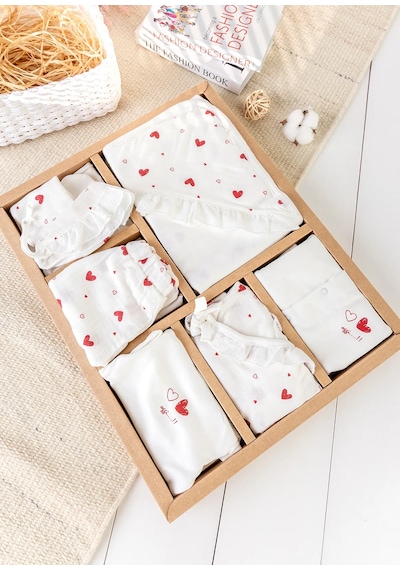 Babymod Kalp Desenli Müslin 100% Pamuk 10'lu Kız Bebek Hastane Çıkışı Bebek Takımı Set