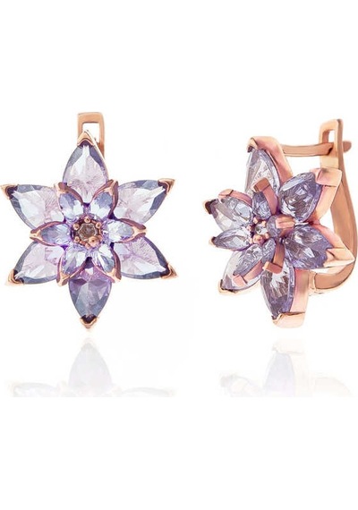 Gümüş Rose Lila Lotus Çiçeği Kadın Küpe