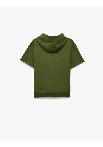 Koton Pamuklu Cepli Baskılı Kısa Kollu Kapüşonlu Oversize Sweatshirt Haki 6skb10485tk Haki