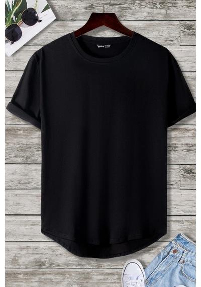 Cool Tarz Erkek Siyah Bisiklet Yaka Oval Etek Salaş %100 Pamuk Basic T-shirt Siyah Siyah