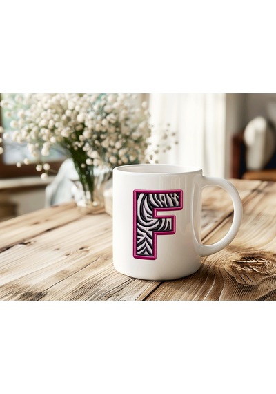 F Harfi Zebra Deseni Ve Pembe Kenarlı Kupa Bardak - Kişiye Özel Nakış Efektli - Siyah Beyaz Pembe Beyaz