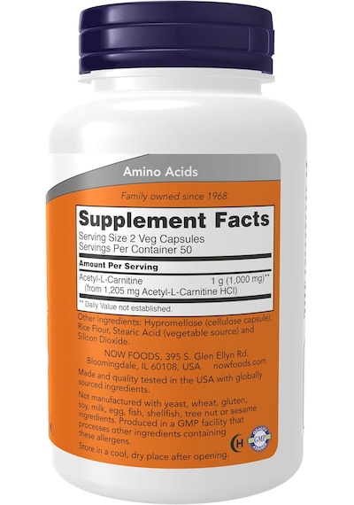 Now Foods Acetyl-l Carnitine 500 Mg Amino Acid 100 Capsules Usa Menşeii Dmmedicineden Aromasız