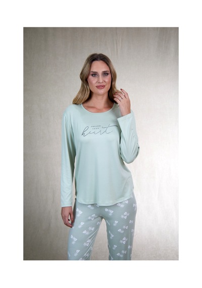 Estiva Kadın Yaprak Alt Desenli Soft Uzun Kollu Pijama Takımı Yeşil