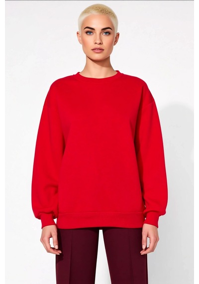 Benerly Kadın Bisiklet Yaka Düşük Kol Oversize Kalın Örme Sweatshirt Fonk Kırmızı