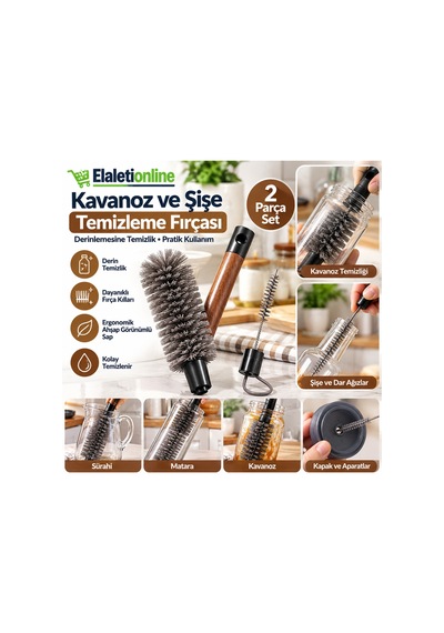 Kavanoz Ve Şişe Temizleme Fırçası 2 Parça Set Ahşap Görünümlü Saplı, Dar Ağızlı Şişe, Termos, Sürahi Ve Mutfak Temizlik Fırçası - 934460786