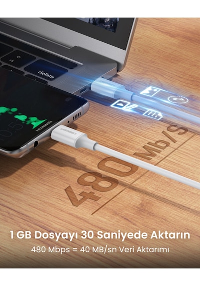Ugreen Usb-c 60w 3a Qc Pd Hızlı Şarj Kablosu, 0.5 Metre, Beyaz, 60517 -
