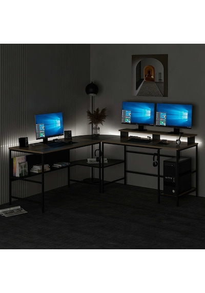 Minar Greta Rgb Led Işıklı L Köşe Çalışma Masası Dore Siyah
