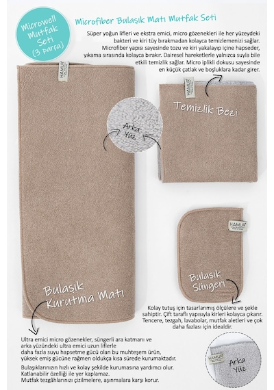 Bej-gri Microwell 3 Prç Set Microfiber Bulaşık Kurutma Matı Mutfak Seti 3'lü Kurulama Bezi Örtüsü