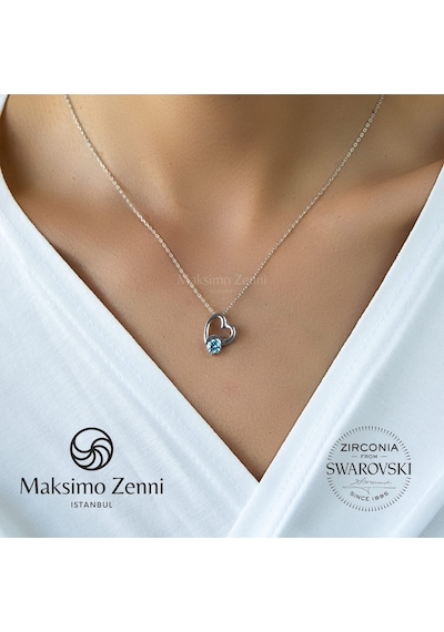 Swarovski Tek Taş Kadın Kalp London Blue Gümüş Kolye