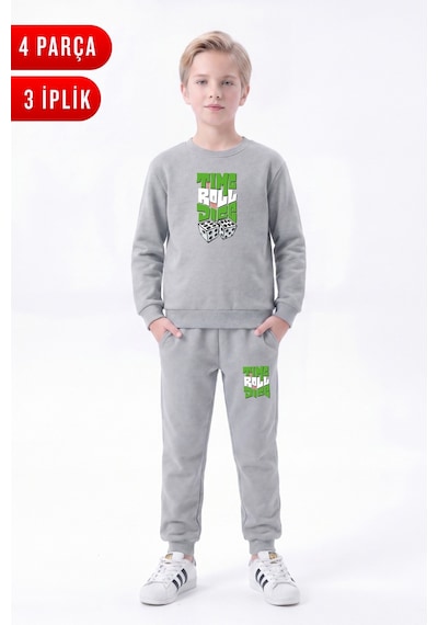 Fyk Kids 3 İplik Baskılı Erkek Çocuk Çift Cepli Bisiklet Yaka Eşofman Takımı Gri