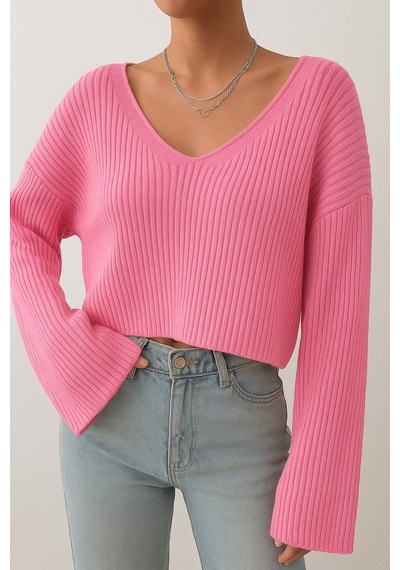 Nimas Kadın Oversize V Yaka Triko Crop Kazak Pembe - 660238521 Pembe
