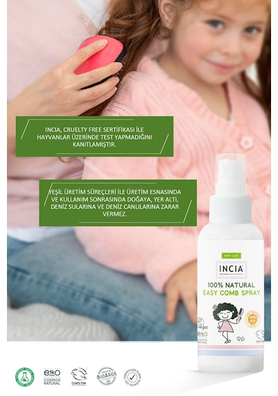 INCIA %100 Doğal Kolay Tarama Spreyi Çocuklar İçin Nemlendirici Parlaklaklaştırıcı Anti Klit 100 ml