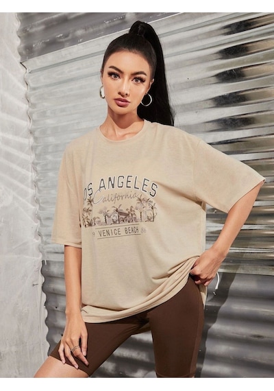 Flood Of Style Kadın Bej Los Angeles Baskılı Oversize Bisiklet Yaka Tshirt
