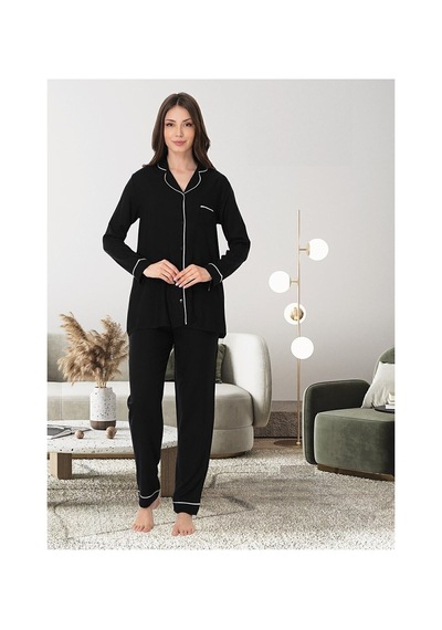 Effortt Kadın Pijama Dügmeli Dokuma Takım 8097 Siyah