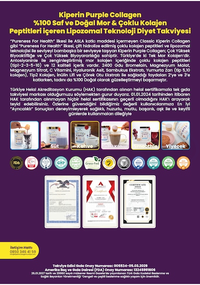 Kiperin Purple Çoklu Kolajen Peptitleri içeren Lipozomal Mor Kolajen 576 ﻿﻿ML