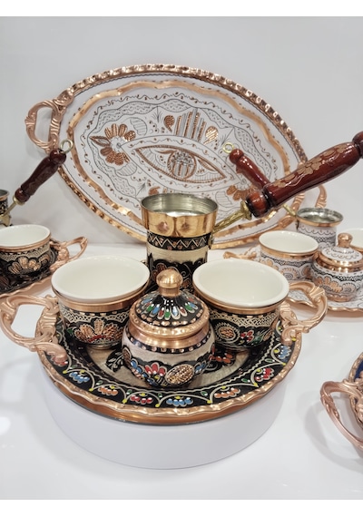 İşlemeli Bakır Fincan Takımı- İki Bakır Kahve Fincan Takımı Mineli