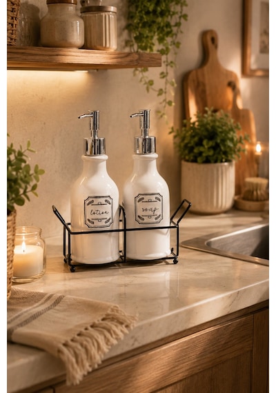 Porsima 3115 Gümüş Kapaklı Porselen 2li Sıvı Sabunluk Beyaz 700 Ml Beyaz
