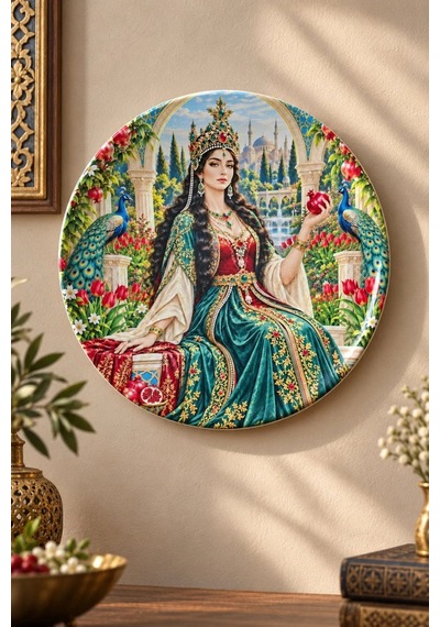 Dekoratif Duvar Tabağı - Saray Bahçesinde Nar Tutan Kadın - Dekorlu Seramik Tabak