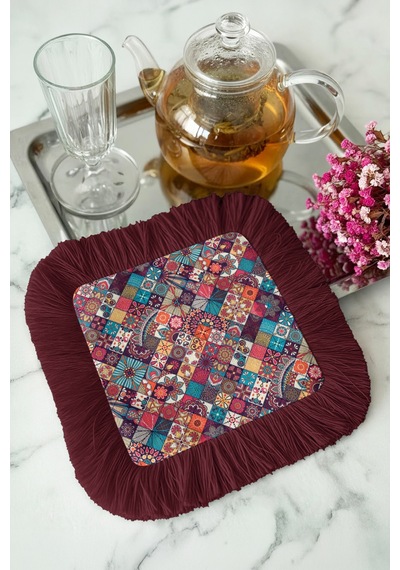 Mozaik Patchwork Saçaklı Sunum Peçetesi-canlı Bohem Renkli Bordo Saçak Bardak Altlığı Servis Mendili Çok Renkli