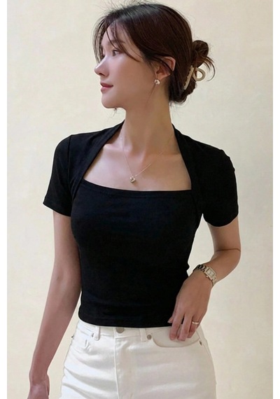 Kadın Haki Kuğu Yaka Slim Kısa Kollu Fit Crop Bluz Siyah
