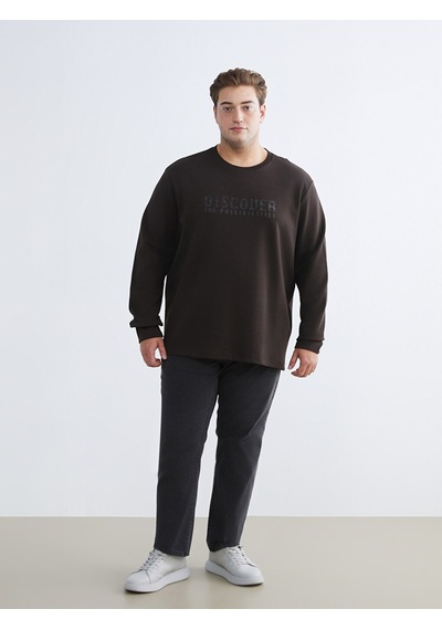 Lcwaıkıkı Classic Kahverengi Büyük Beden Bisiklet Yaka Baskılı Erkek Sweatshirt