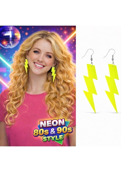 80 Ler - 393 - 90&amp 39 Lar Retro Neon Sarı Şimşek Küpe - Spt-gld - 10 Cm Tüm Yaşlar
