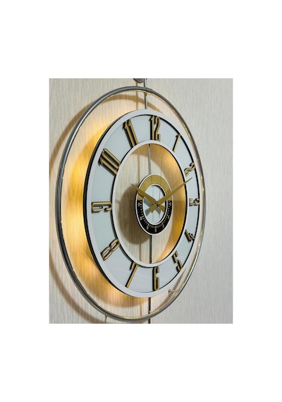 Pey Aksesuar Metal Camlı Duvar Saati Krom Statık 50 X 70cm Orta Boy Işıklı Gerçek Cam Duvar Saati Modern Tasarım M51-kromgrı-şeffaf-beyaz-gold