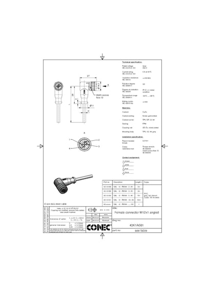 M12 4 Pin Dişi 90° 5 Metre Pvc Sensör Kablosu Conec 43-10190