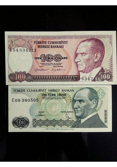 E Serisi 7. Emisyon 100 Ve 10 Türk Lirası Koleksiyon Eski Kâğıt Para.