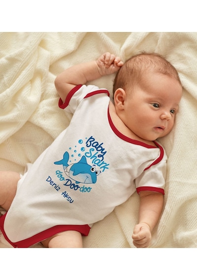 Bk Gift Bk Kids Kişiye Özel Baby Shark Tasarımlı Kırmızı Bebek Body Zıbın-1