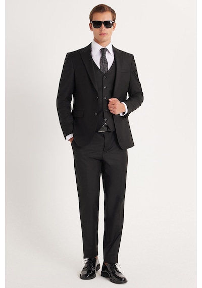 Tudors Erkek Slim Fit Siyah Esnek Likralı Kumaş Sivri Yaka Yelekli Takım Elbise-33907 Siyah