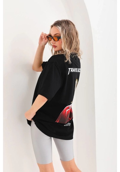 Assema Kadın Baskılı T-shirt Kısa Kol Bisiklet Yaka Ovarsize Rahat Kalıp Günlük Tişört - Siyah Çok Renkli