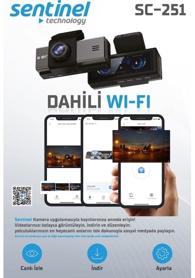 Sentinel Sc-251 Araç İçi Kamera 4k Uhd Wifi Çift Kameralı Dash Cam Arka Kamera Destekli