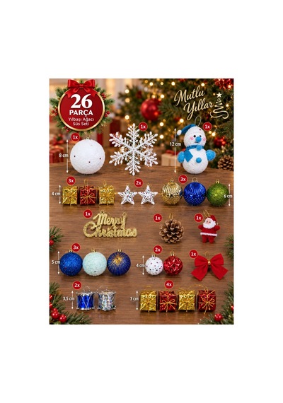 Yeni Yıla Özel 26 Parça Yılbaşı Ağacı Süs Seti Noel Dekoru Karışık Yılbaşı Aksesuarları Süsleme Seti Diğer
