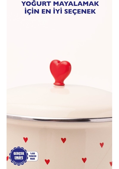 Cupid Kalp Desenli Emaye Yoğurt/bakliyat Bakracı 20cm-3 Litre-tüm Ocaklarla Uyumlu Krem