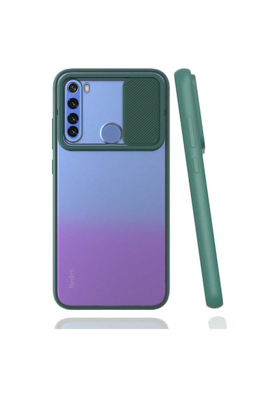 Noktaks - Redmi Note 8 Uyumlu - Kılıf Slayt Sürgülü Arkası Buzlu Lensi Kapak - Koyu Yeşil Koyu Yeşil