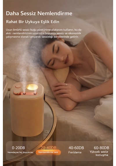 Exenar - Bej - Şarjlı Hava Nemlendirici 1,2 Litre Kablosuz Buhar Makinesi Led Işık Aroma Difüzörü Sesiz Nemlendirme