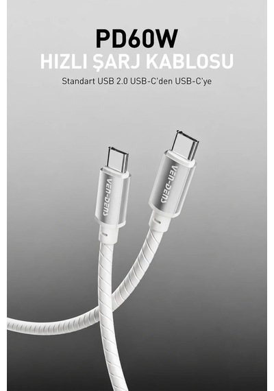 Ven-dens Vd-dcq05 60 W Pd Type-c To Type-c Hızlı Şarj Ve Veri Kablosu, 1 Metre, Esnek Silikon, Gri