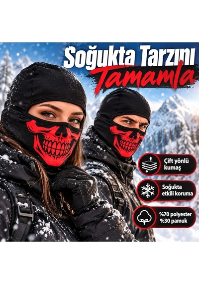 Unisex Kırmızı Kurukafa Desenli Balaklava Kar Maskesi Siyah Tam Kafa Boyunluk Motorcu Yüz Maskesi